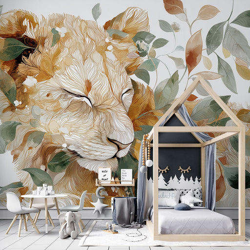 Une chambre d'enfant avec un papier peint illustrant un lion majestueux entouré de feuillages aux teintes chaudes et naturelles, créant une atmosphère apaisante et inspirante.