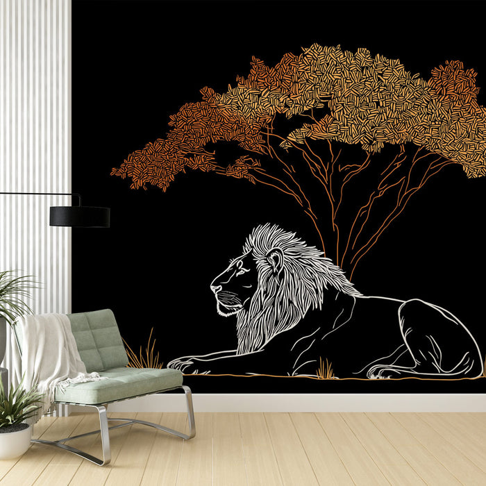 Une pièce moderne avec un papier peint représentant un lion stylisé en blanc sous un arbre aux feuilles dorées sur fond noir, créant une ambiance sauvage et élégante.