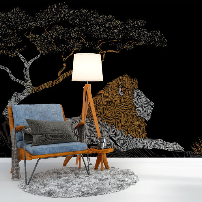 Une pièce moderne avec un papier peint représentant un lion stylisé et un arbre aux lignes dorées sur fond noir, créant une ambiance audacieuse et artistique.