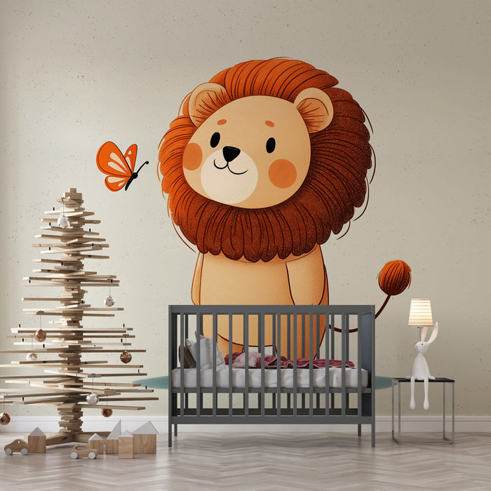Une chambre d'enfant avec un papier peint illustrant un lion mignon aux teintes chaudes, créant une atmosphère ludique et accueillante.