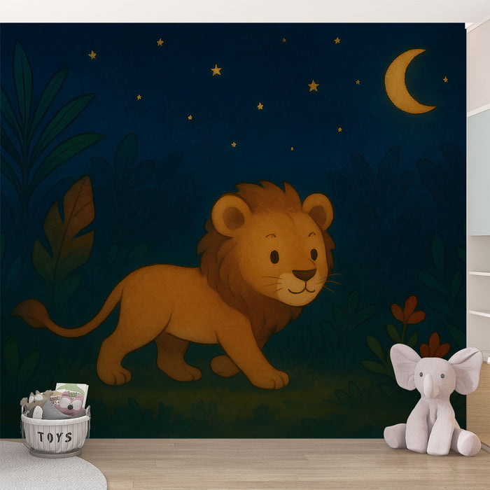 Une chambre d'enfant avec un papier peint illustrant un lion mignon sous un ciel étoilé, créant une ambiance ludique et apaisante.