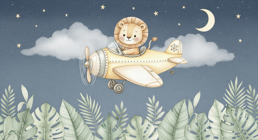 Papier peint lion pilote Un lion mignon dans un avion sur fond étoilé
