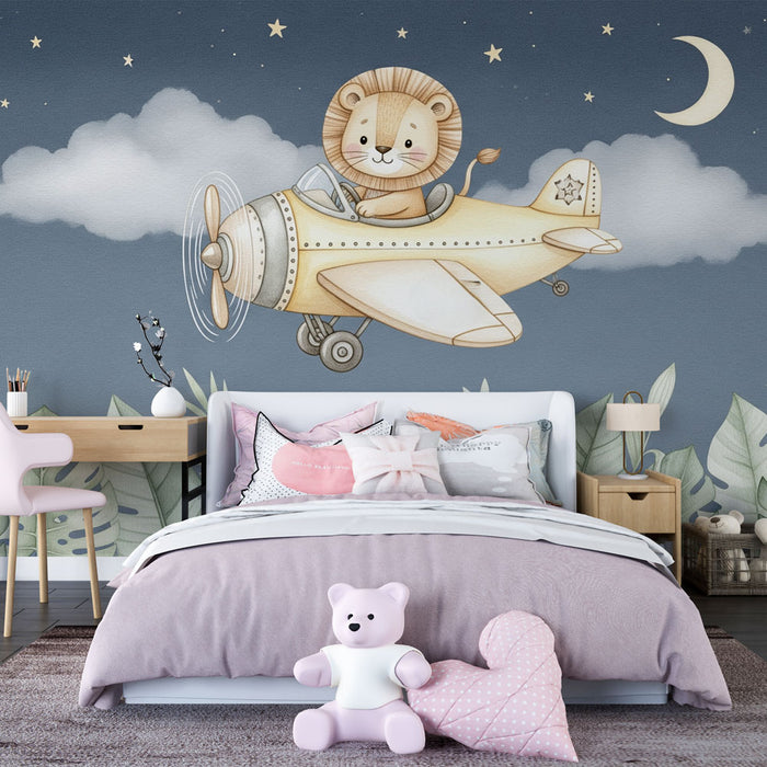 Une chambre d'enfant avec un papier peint ludique représentant un lion dans un avion sur fond étoilé, créant une ambiance joyeuse et imaginative.