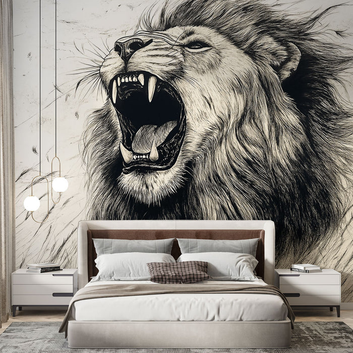 Papier peint lion rugissant | Illustration monochrome captivante