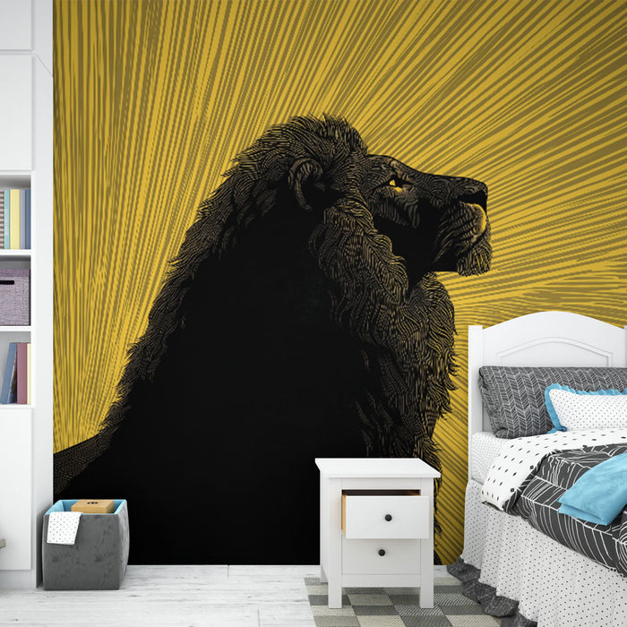 Une chambre moderne avec un papier peint représentant un lion noir sur fond jaune, créant une ambiance audacieuse et dynamique.
