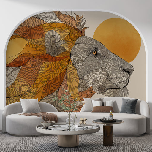Une pièce moderne avec un papier peint représentant un lion stylisé aux lignes fluides et aux teintes chaudes, créant une ambiance artistique et dynamique.