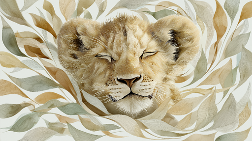 Papier peint lion Tête de lion paisible entourée de feuillage élégant