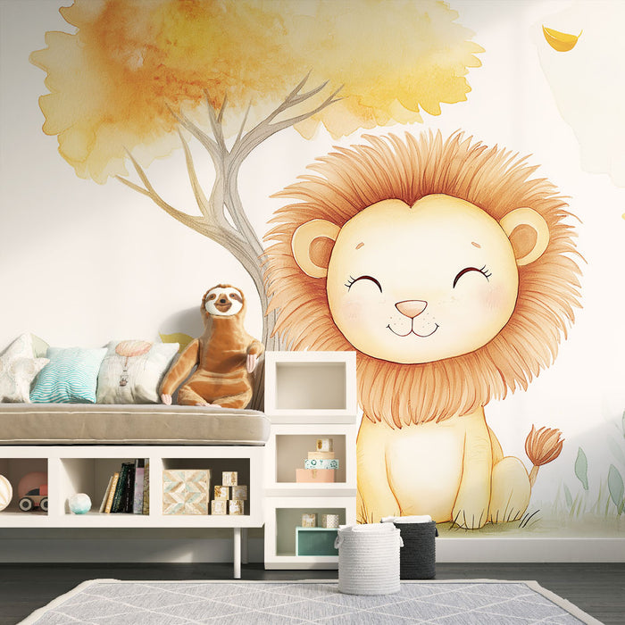 Papier peint lion | Un adorable lionceau dans un paysage automnal