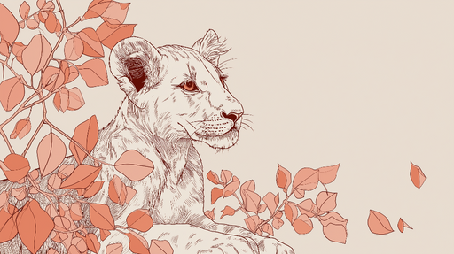 Papier peint lionne et feuillage Illustration d'une lionne entourée de feuilles rouges