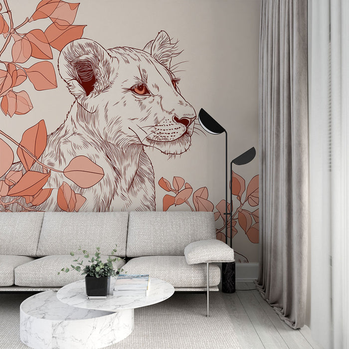 Un salon moderne avec un papier peint illustrant un lion stylisé en ligne brune, entouré de feuilles aux teintes terracotta, créant une ambiance artistique et chaleureuse.