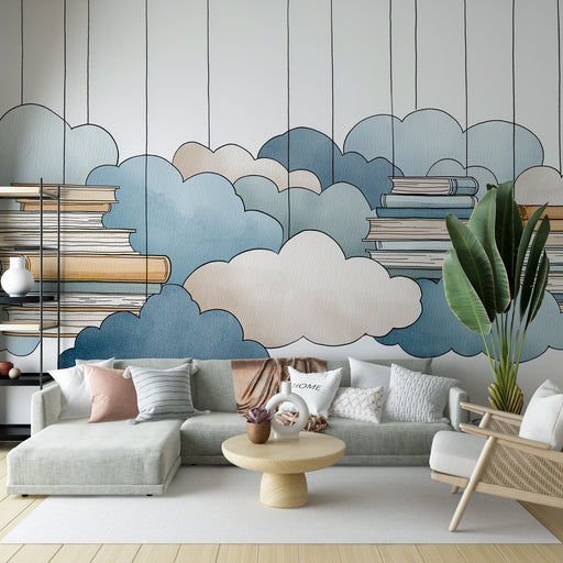 Un salon moderne avec un papier peint illustrant des nuages colorés et des livres empilés, créant une atmosphère rêveuse et inspirante.