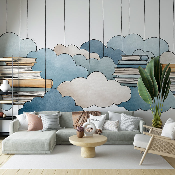 Un salon moderne avec un papier peint illustrant des nuages colorés et des livres empilés, créant une atmosphère rêveuse et inspirante.