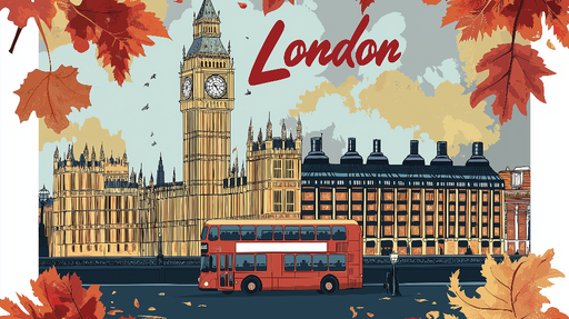 Papier peint Londres Illustration emblématique de Londres avec bus rouge et feuilles d'automne