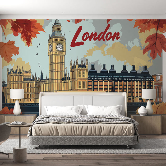 Papier peint Londres avec illustration emblématique, bus rouge et feuilles d'automne pour chambre moderne.