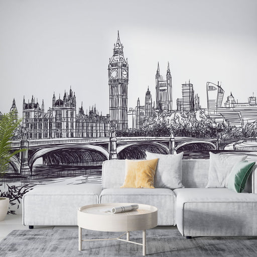 Papier peint noir et blanc avec illustration de la skyline de Londres et Big Ben pour salon moderne
