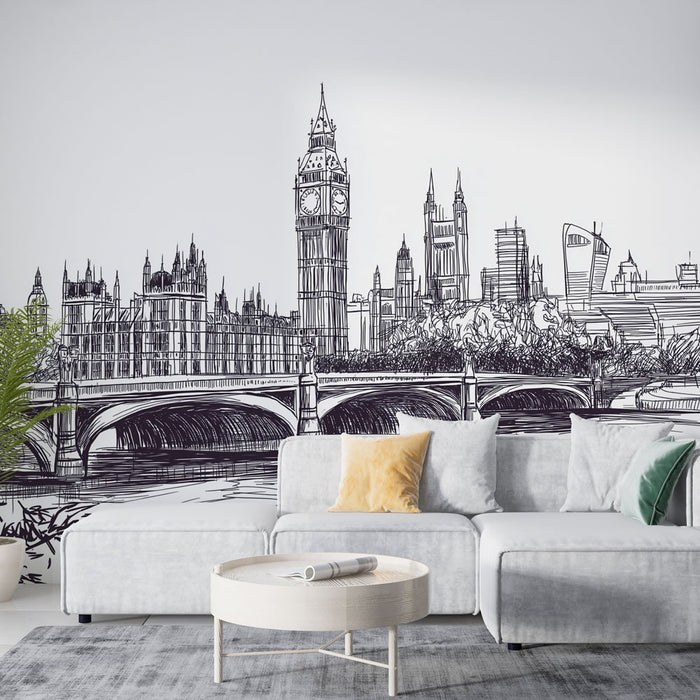 Papier peint noir et blanc avec illustration de la skyline de Londres et Big Ben pour salon moderne