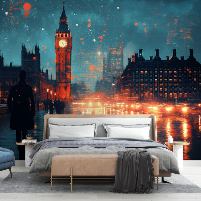 Papier peint Londres nocturne avec scène urbaine vibrante, Big Ben et reflets sur l'eau pour décoration de chambre moderne.