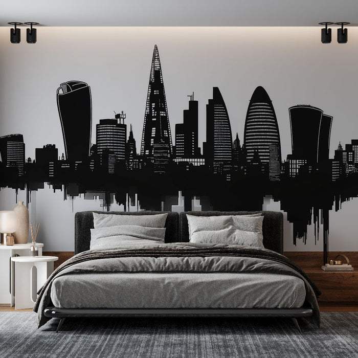 Papier peint moderne avec skyline urbaine de Londres en monochrome pour chambre adulte élégante