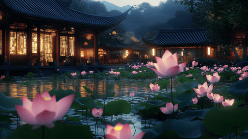 Papier peint lotus Belle scène de lotus au crépuscule dans un jardin chinois