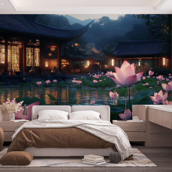 Une chambre apaisante avec un papier peint représentant un paysage nocturne de lotus roses et de pavillons traditionnels, créant une atmosphère zen et sereine.