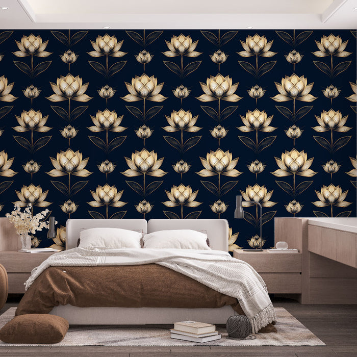 Une chambre élégante avec un papier peint floral représentant des lotus dorés sur fond bleu marine, créant une atmosphère apaisante et raffinée.