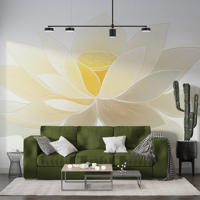 Un salon moderne avec un papier peint représentant une grande fleur de lotus aux teintes douces de jaune et beige, créant une atmosphère apaisante et zen.