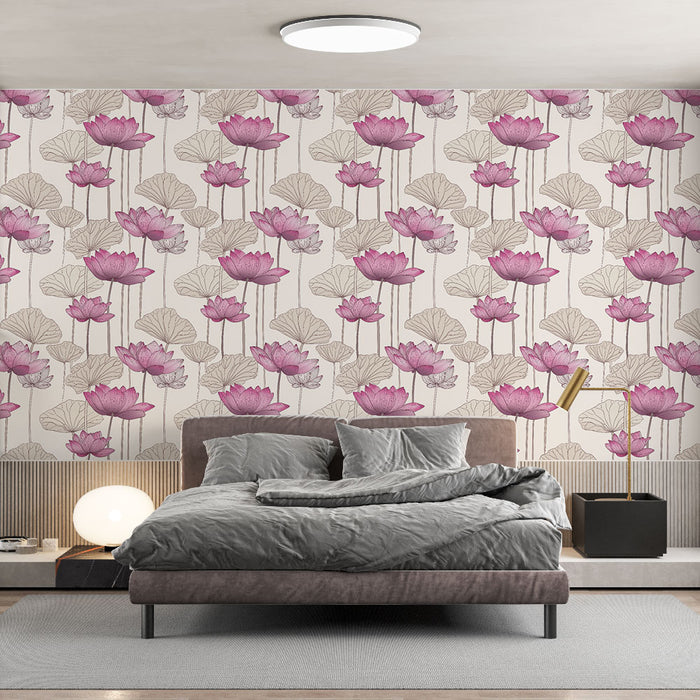 Une chambre moderne avec un papier peint floral aux motifs de lotus roses sur fond clair, créant une atmosphère douce et apaisante.
