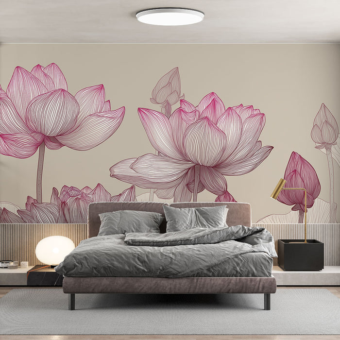 Une chambre moderne avec un papier peint représentant des fleurs de lotus en rose sur fond beige, créant une atmosphère douce et apaisante.