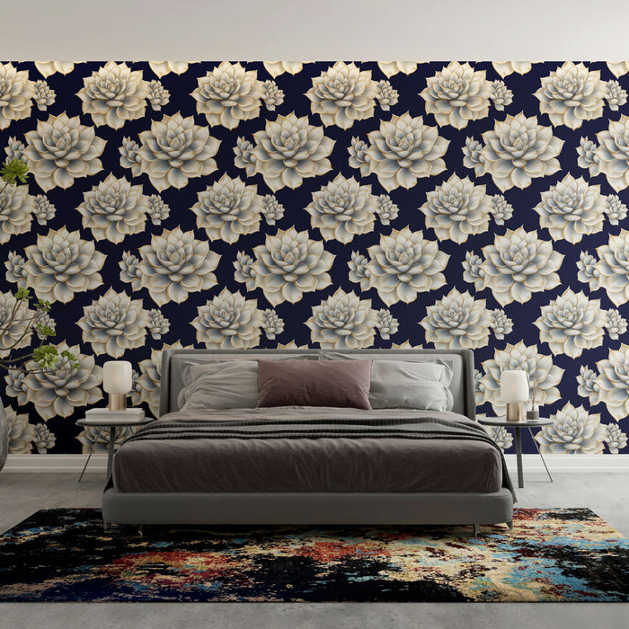 Une chambre moderne avec un papier peint floral représentant de grandes fleurs blanches sur fond bleu nuit, créant une atmosphère élégante et apaisante.