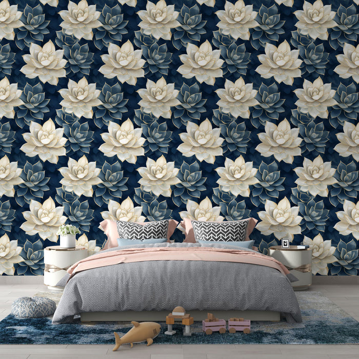 Une chambre moderne avec un papier peint floral représentant de grandes fleurs de lotus sur fond bleu marine, créant une ambiance apaisante et élégante.