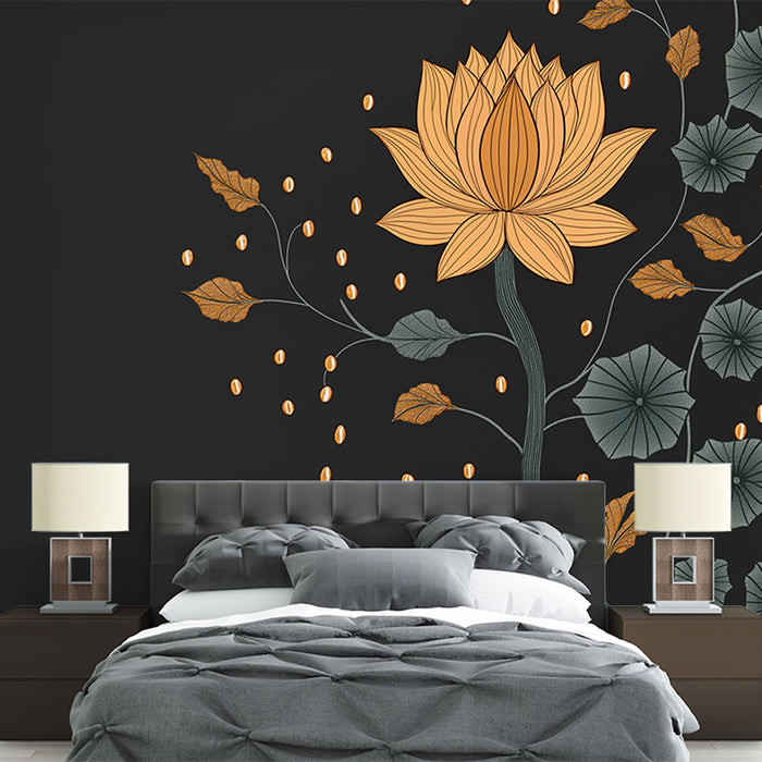 Une chambre moderne avec un papier peint noir illustrant une grande fleur de lotus orange entourée de feuilles et de motifs délicats, créant une ambiance élégante et apaisante.
