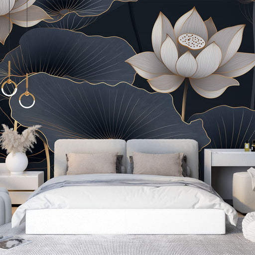 Papier peint élégant avec fleurs de lotus sur fond sombre pour chambre moderne