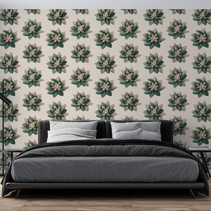 Une chambre moderne avec un papier peint floral représentant des nénuphars délicats sur un fond clair, créant une atmosphère apaisante et naturelle.