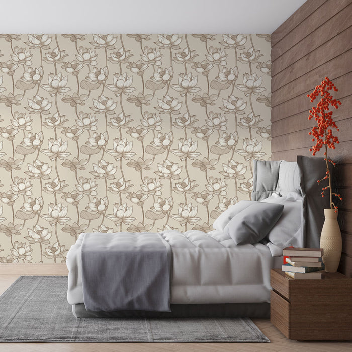Une chambre apaisante avec un papier peint floral beige et marron illustrant des fleurs de lotus, créant une atmosphère douce et naturelle.