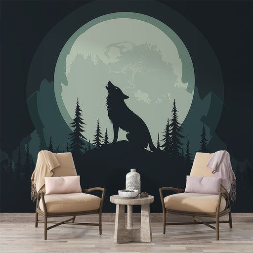 Une pièce moderne avec un papier peint représentant un loup hurlant sous une pleine lune, créant une ambiance mystérieuse et sauvage.