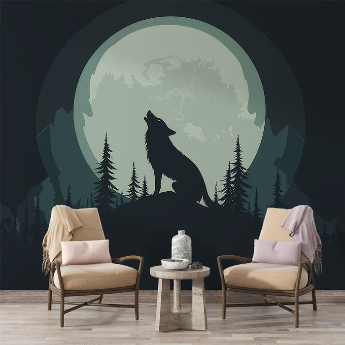 Une pièce moderne avec un papier peint représentant un loup hurlant sous une pleine lune, créant une ambiance mystérieuse et sauvage.