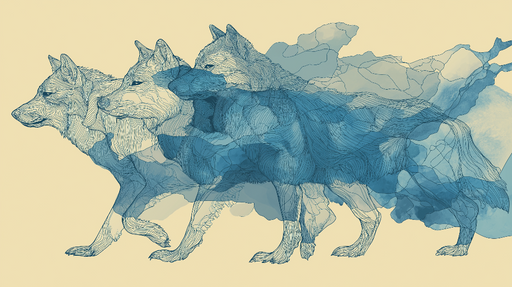 Papier peint loups stylisés Silhouettes de loups entrelacées dans des nuances de bleu