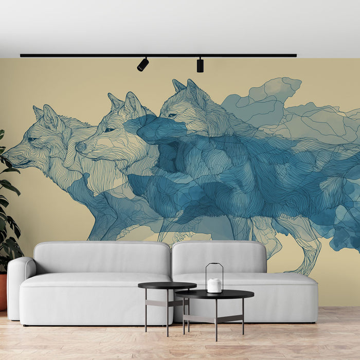 Un salon moderne avec un papier peint artistique représentant des silhouettes de loups en lignes fluides bleu sur un fond beige, créant une ambiance dynamique et captivante.