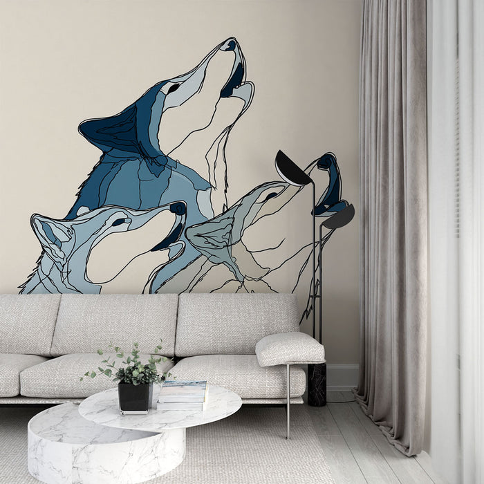 Un salon moderne avec un papier peint illustrant des loups stylisés en nuances de bleu sur fond clair, créant une ambiance artistique et dynamique.