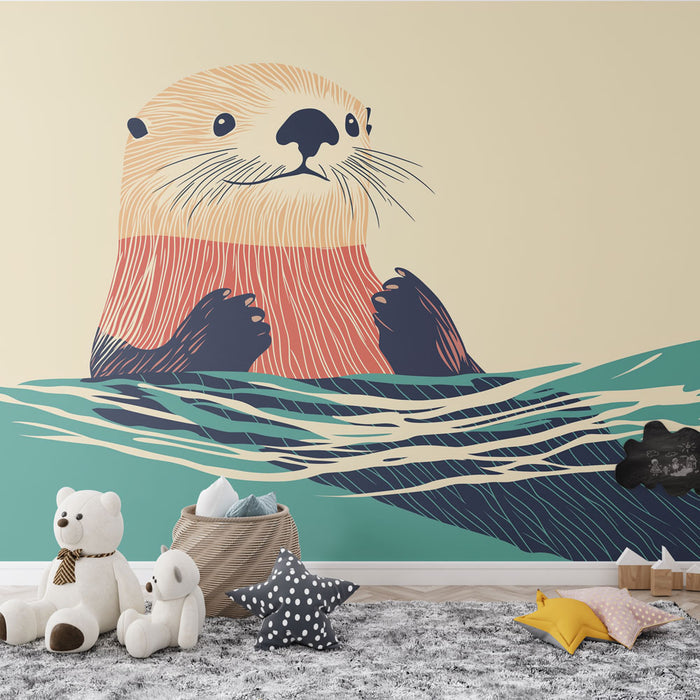 Papier peint loutre | Illustration artistique d'une loutre se prélassant dans l'eau