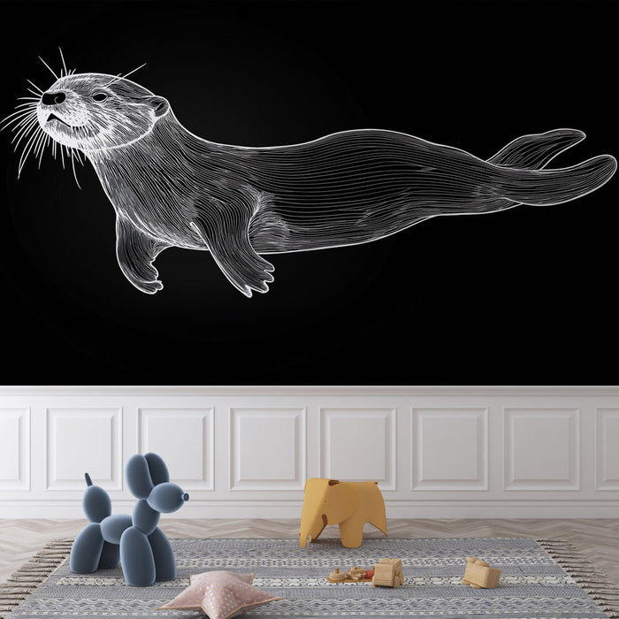 Papier peint loutre | Illustration artistique de loutre en lignes blanches sur fond noir