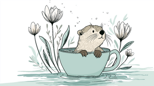Papier peint loutre Illustration charmante d'une loutre dans une tasse avec des fleurs