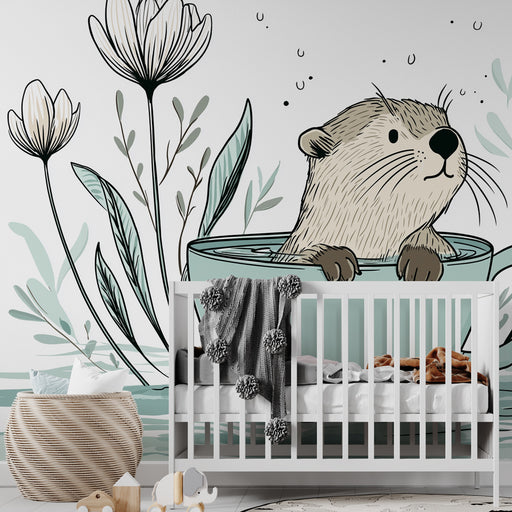 Une chambre d'enfant avec un papier peint illustrant une loutre joyeuse dans un bol, entourée de fleurs délicates et de feuillages apaisants.