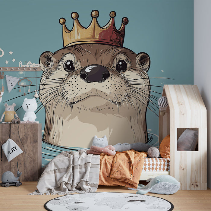 Papier peint loutre | Illustration d'une loutre avec une couronne sur fond bleu