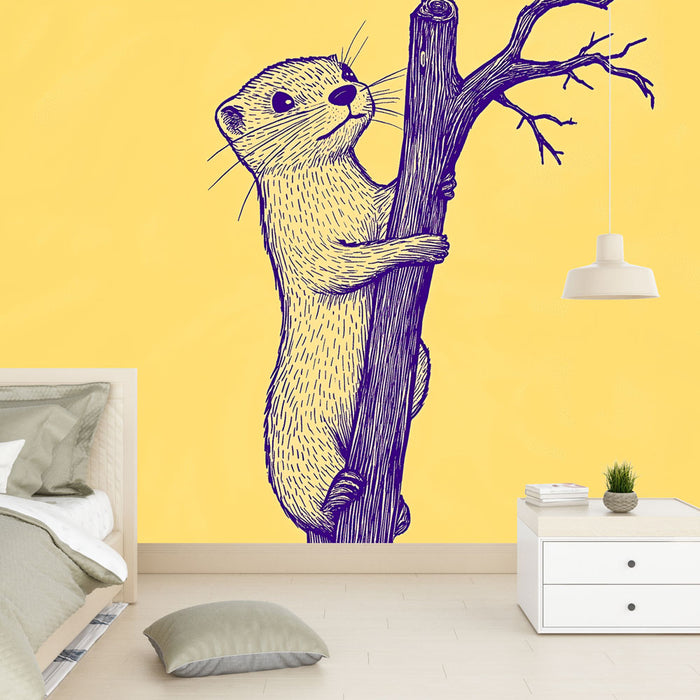 Papier peint loutre | Illustration d'une loutre grimpant sur un arbre