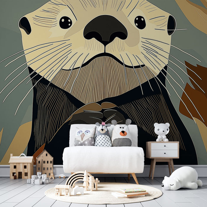 Papier peint loutre | Illustration moderne d'une loutre entourée de feuillage