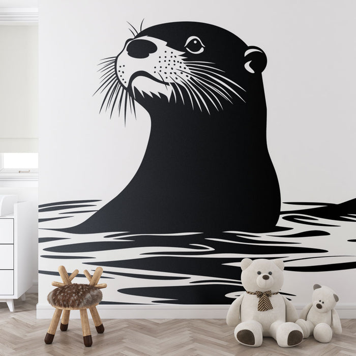 Papier peint loutre | Illustration monochrome d'un jeune loutre dans l'eau