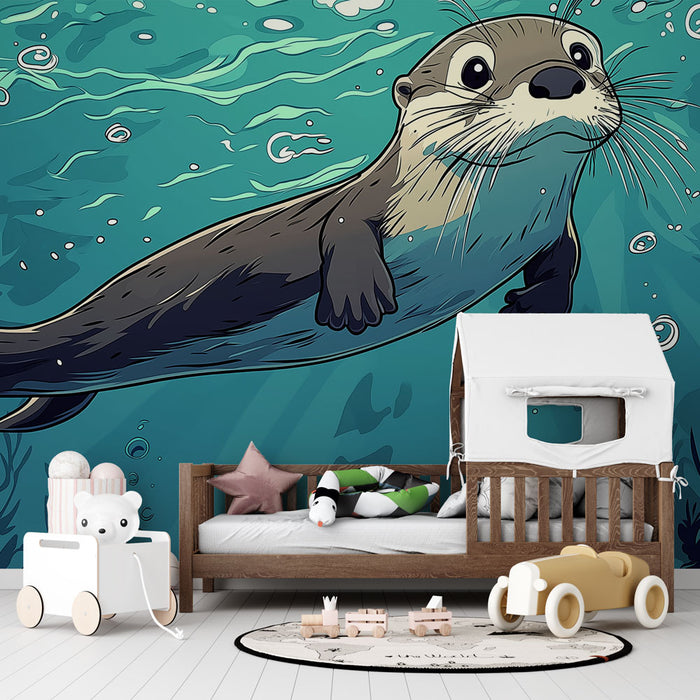 Papier peint loutre | Loutre amusante nageant dans une mer turquoise