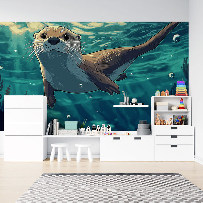 Papier peint loutre | Loutre joyeuse évoluant sous l'eau