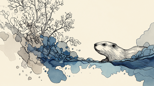 Papier peint loutre Loutre nageant parmi des éclaboussures d'eau et des feuillages